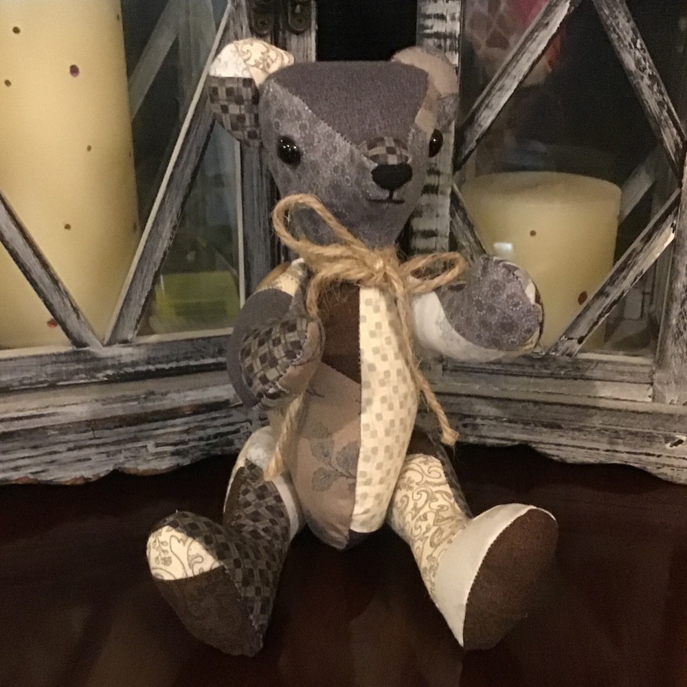 Handmade fabric patchwork articulated bear